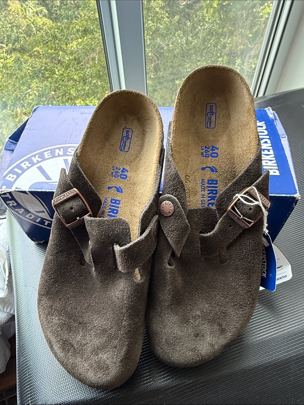 Birkenstock Brown Suede Boston Clogs with Single Buckle Detail